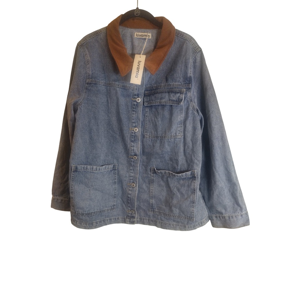 Luvamia Mens Denim Chore Jacket Light Wash Corduroy Collar Blue XL